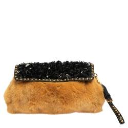 Pre Owned Prada Tan/Black Mink Fur and Leather Embellished Wristlet Clutch