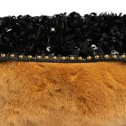 Pre Owned Prada Tan/Black Mink Fur and Leather Embellished Wristlet Clutch