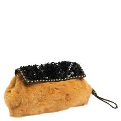 Pre Owned Prada Tan/Black Mink Fur and Leather Embellished Wristlet Clutch