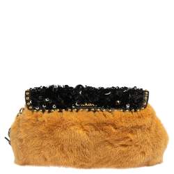 Pre Owned Prada Tan/Black Mink Fur and Leather Embellished Wristlet Clutch