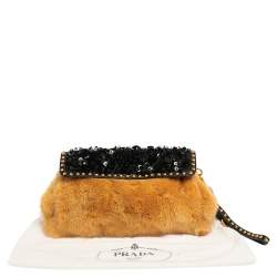 Pre Owned Prada Tan/Black Mink Fur and Leather Embellished Wristlet Clutch