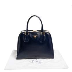 Pre Owned Prada Navy Blue Saffiano Vernice Leather Pyramid Frame Satchel