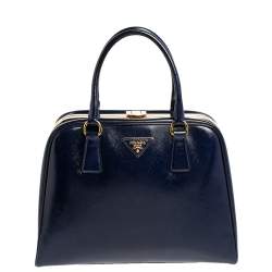 Pre Owned Prada Navy Blue Saffiano Vernice Leather Pyramid Frame Satchel