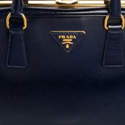 Pre Owned Prada Navy Blue Saffiano Vernice Leather Pyramid Frame Satchel