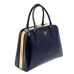 Pre Owned Prada Navy Blue Saffiano Vernice Leather Pyramid Frame Satchel