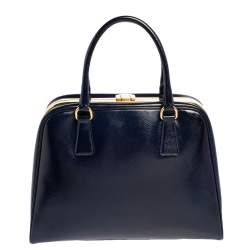 Pre Owned Prada Navy Blue Saffiano Vernice Leather Pyramid Frame Satchel