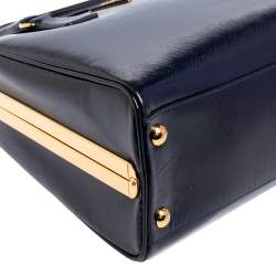 Pre Owned Prada Navy Blue Saffiano Vernice Leather Pyramid Frame Satchel