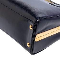 Pre Owned Prada Navy Blue Saffiano Vernice Leather Pyramid Frame Satchel