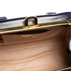 Pre Owned Prada Navy Blue Saffiano Vernice Leather Pyramid Frame Satchel