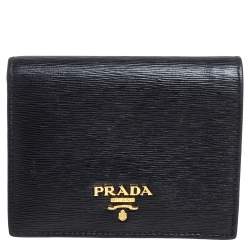 Pre Owned Prada Black Vitello Move Leather Logo Bifold Compact Wallet