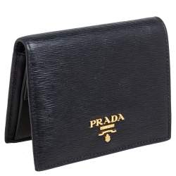 Pre Owned Prada Black Vitello Move Leather Logo Bifold Compact Wallet