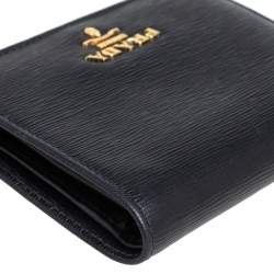 Pre Owned Prada Black Vitello Move Leather Logo Bifold Compact Wallet