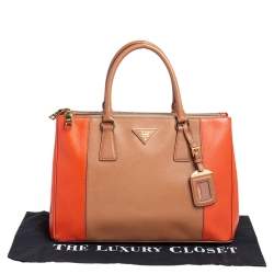 Pre Owned Prada Orange/Beige Saffiano Lux Leather Medium Galleria Tote