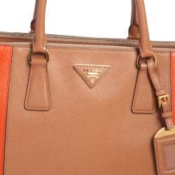 Pre Owned Prada Orange/Beige Saffiano Lux Leather Medium Galleria Tote