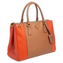 Pre Owned Prada Orange/Beige Saffiano Lux Leather Medium Galleria Tote