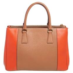 Pre Owned Prada Orange/Beige Saffiano Lux Leather Medium Galleria Tote