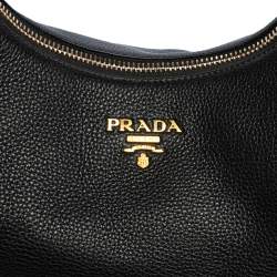 Pre Owned Prada Black Vitello Daino Leather Zip Top Hobo