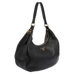 Pre Owned Prada Black Vitello Daino Leather Zip Top Hobo