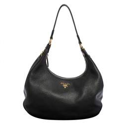 Pre Owned Prada Black Vitello Daino Leather Zip Top Hobo