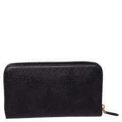 Pre Owned Prada Black Saffiano Lux Leather Bow Zip Around Wallet
