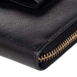 Pre Owned Prada Black Saffiano Lux Leather Bow Zip Around Wallet