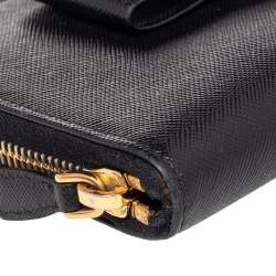 Pre Owned Prada Black Saffiano Lux Leather Bow Zip Around Wallet
