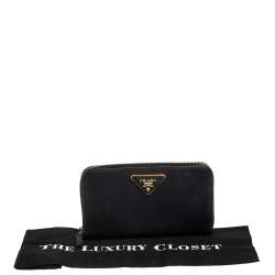 Pre Owned Prada Black Saffiano Lux Leather Zip Around Wallet