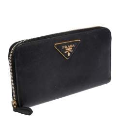 Pre Owned Prada Black Saffiano Lux Leather Zip Around Wallet