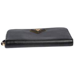 Pre Owned Prada Black Saffiano Lux Leather Zip Around Wallet