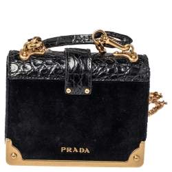 Pre Owned Prada Black Velvet and Croc Embossed Leather Micro Cahier Crossbody Bag