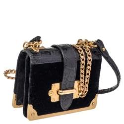 Pre Owned Prada Black Velvet and Croc Embossed Leather Micro Cahier Crossbody Bag