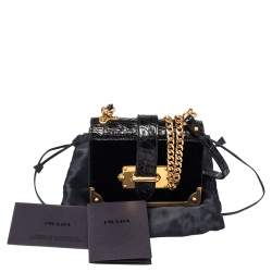 Pre Owned Prada Black Velvet and Croc Embossed Leather Micro Cahier Crossbody Bag