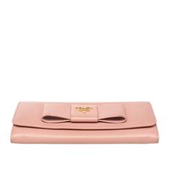 Pre Owned Prada Pink Saffiano Leather Bow Wallet