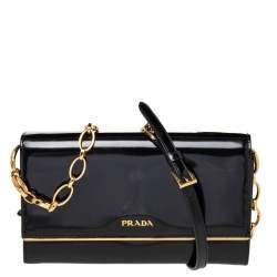 Pre Owned Prada Black Leather Flap Continental Wallet On Chain