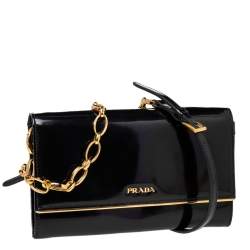 Pre Owned Prada Black Leather Flap Continental Wallet On Chain