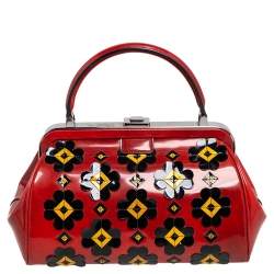 Pre Owned Prada Burnt Orange Patent Leather Floral Applique Frame Doctor Top Handle Bag