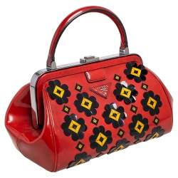 Pre Owned Prada Burnt Orange Patent Leather Floral Applique Frame Doctor Top Handle Bag