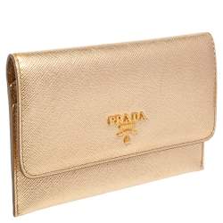 Pre Owned Prada Gold Saffiano Leather Flap Slim Wallet
