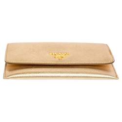 Pre Owned Prada Gold Saffiano Leather Flap Slim Wallet