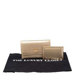 Pre Owned Prada Gold Saffiano Leather Flap Slim Wallet
