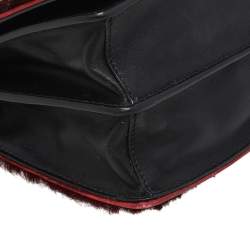 Pre Owned Prada Burgundy/Black Calf Hair And Leather Studded Cahier Top Handle Bag