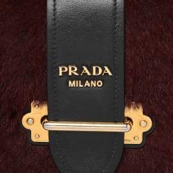 Pre Owned Prada Burgundy/Black Calf Hair And Leather Studded Cahier Top Handle Bag