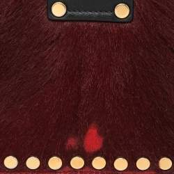 Pre Owned Prada Burgundy/Black Calf Hair And Leather Studded Cahier Top Handle Bag