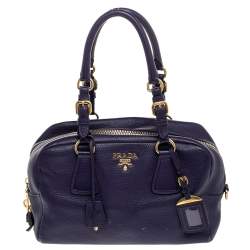Pre Owned Prada Purple Pebbled Leather Bauletto Satchel