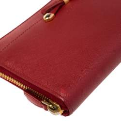 Pre Owned Prada Red Saffiano Leather Bow Zip Around Wallet