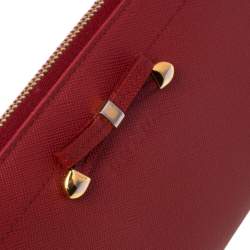 Pre Owned Prada Red Saffiano Leather Bow Zip Around Wallet