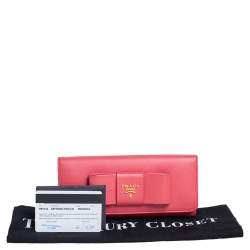 Pre Owned Prada Coral Orange Saffiano Leather Bow Continental Wallet