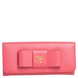 Pre Owned Prada Coral Orange Saffiano Leather Bow Continental Wallet