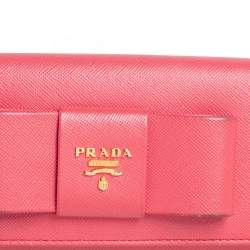 Pre Owned Prada Coral Orange Saffiano Leather Bow Continental Wallet