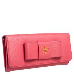 Pre Owned Prada Coral Orange Saffiano Leather Bow Continental Wallet